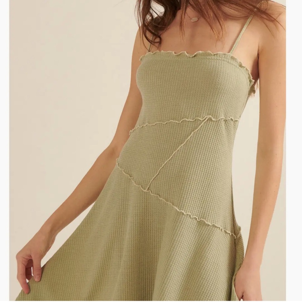 Solid Waffle Knit Expose Seam Cami Strap Mini Dress